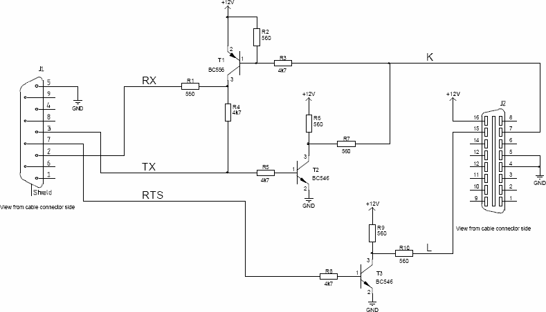 Simple OBD-2 iso9141-2 RS-232 cable schema